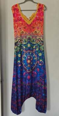 Boho Mandala Print Harem Jumpsuit Romper Women's Size L Cotton Blend Festival